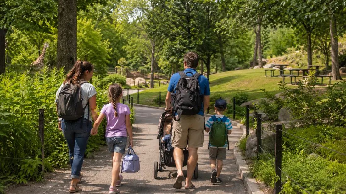 Famille en visite dans un parc zoologique arboré
